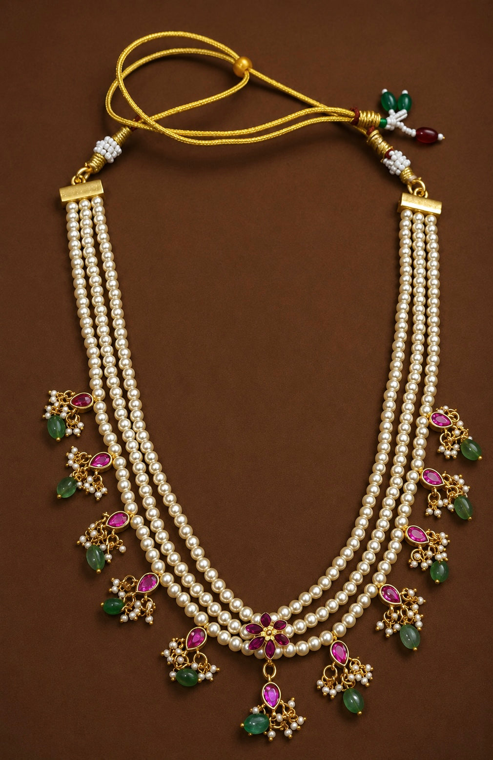 3 LAYER PEARL NECKLACE WITH KUNDAN FLORAL DROPS