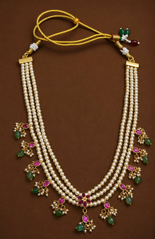 3 LAYER PEARL NECKLACE WITH KUNDAN FLORAL DROPS