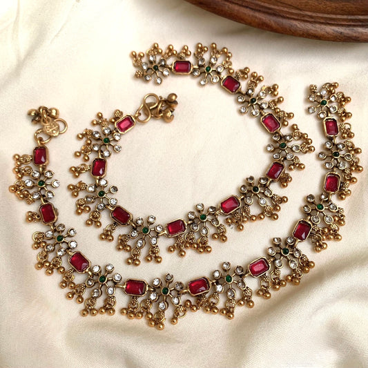 RED CZ STONES FLORAL ANKLETS