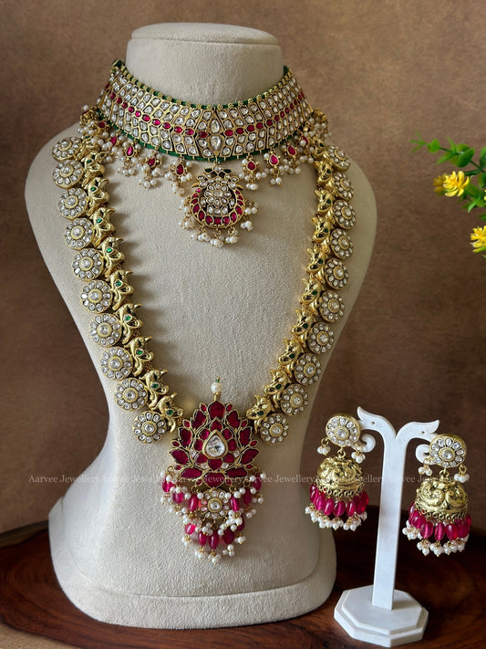 COMBO - JADAU KUNDAN WHITE STONE HIGH NECK CHOKER & WHITE AND PINK STONE HARAM WITH LOTUS PENDANT & PINK BEADS