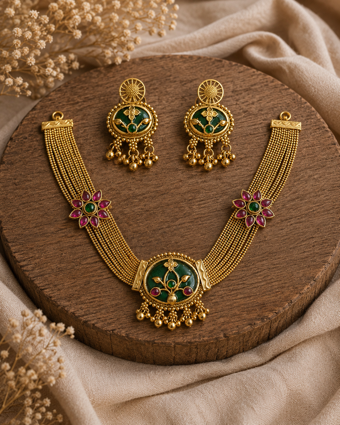 GOLD TONE CHAIN NECKLACE SET WTH GREEN FLORAL PENDANT