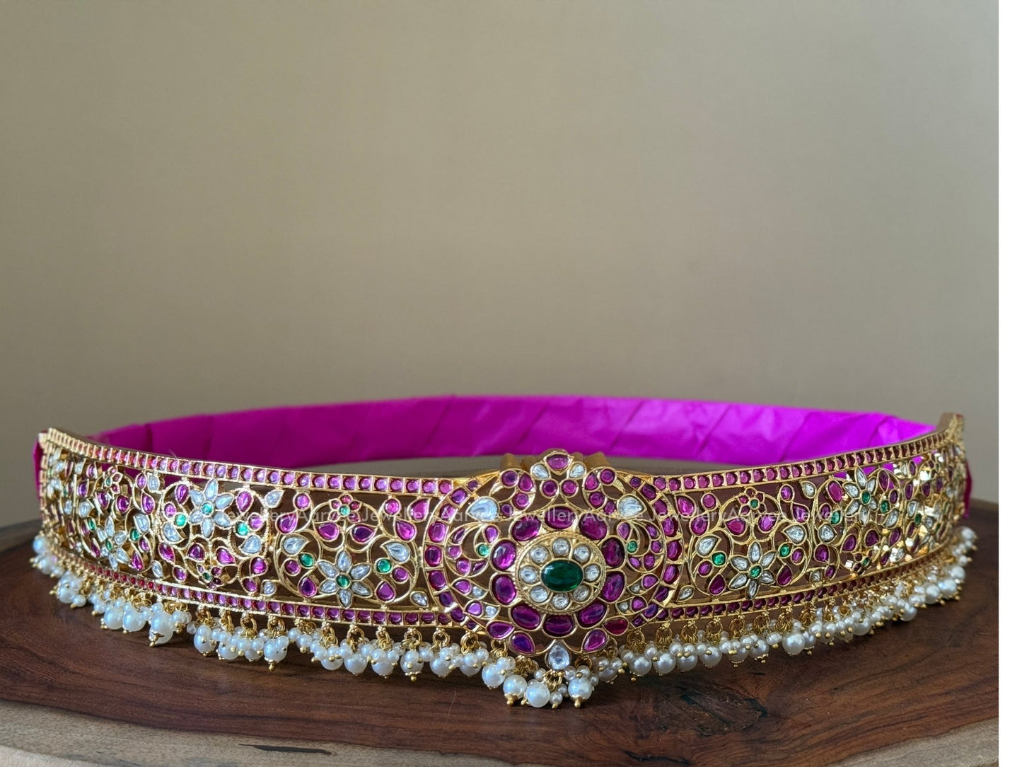 PREMIUM KEMP PINK / GREEN STONES WAIST BELT WITH PEARLS