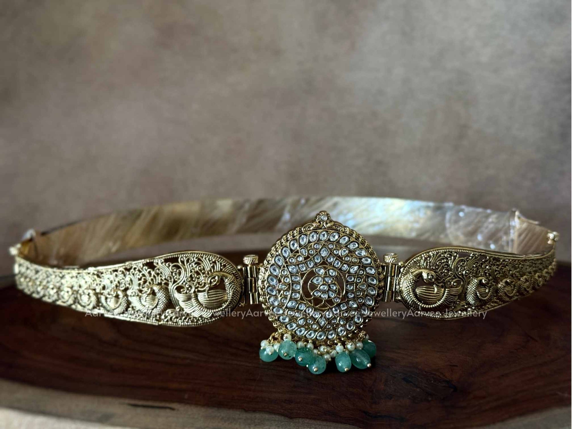 PREMIUM ANTIQUE GOLD WHITE KUNDAN STONE WAIST BELT WITH PEACOCK MOTIF AND PASTEL BEADS