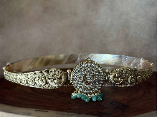 PREMIUM ANTIQUE GOLD WHITE KUNDAN STONE WAIST BELT WITH PEACOCK MOTIF AND PASTEL BEADS