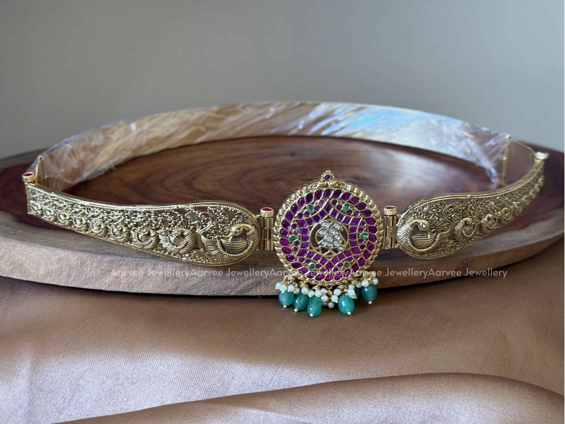 PREMIUM ANTIQUE GOLD PINK KUNDAN STONE WAIST BELT WITH PEACOCK MOTIF AND PASTEL BEADS
