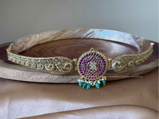 PREMIUM ANTIQUE GOLD PINK KUNDAN STONE WAIST BELT WITH PEACOCK MOTIF AND PASTEL BEADS