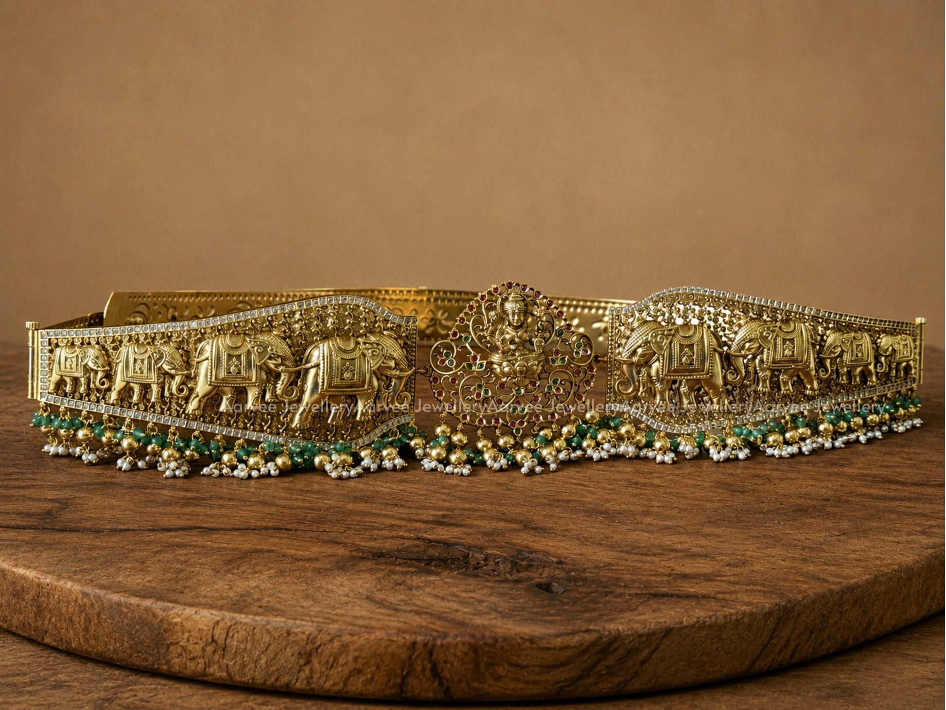 HIGH QUALITY GOLD TONE LAXMI AND ELEPHANT MOTIF WAIST BELT WITH TINY GREEN AND GOLD BEAD