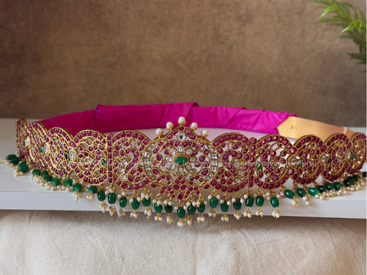 KEMP STONE FLORAL/PEACOCK  WAIST BELT WITH GREEN BEADS