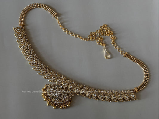 MANGO MOTIF KUNDAN  WHITE STONES WAIST CHAIN WITH GOLD BEADS