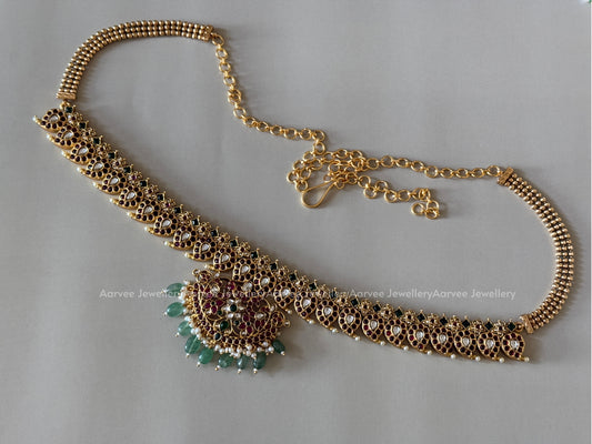MANGO MOTIF KEMP WAIST CHAIN WITH MIX OF RUBY AND GREEN STONES AND WITH PASTEL BEADS