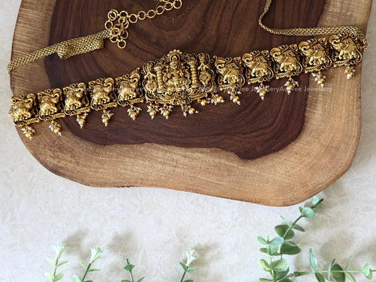 GOLD FINISH LAKSHMI & ELEPHANT MOTIF WAIST CHAIN WITH GOLD BEADS