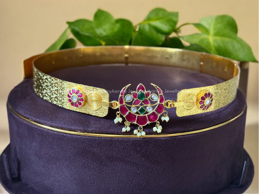 JADAU KUNDAN CHAND WAIST BELT WITH RUBY/ GREEN STONES