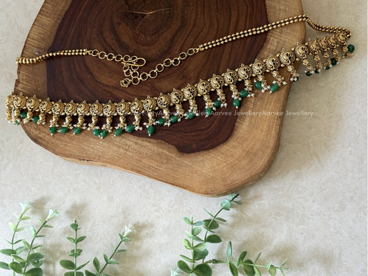FULL GOLD PEACOCK MOTIF WASIT CHAIN WITH GREEN BEADS