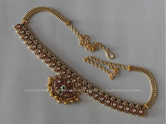 MANGO MOTIF KEMP WAIST CHAIN WITH  MIX OF RUBY AND GREEN STONES AND WITH GOLD BEADS