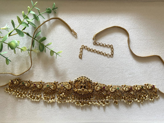 GOLD FINISH LAKSHMI & PEACOCK MOTIF WAIST CHAIN WITH MIX OF GOLD & PEARL BEADS