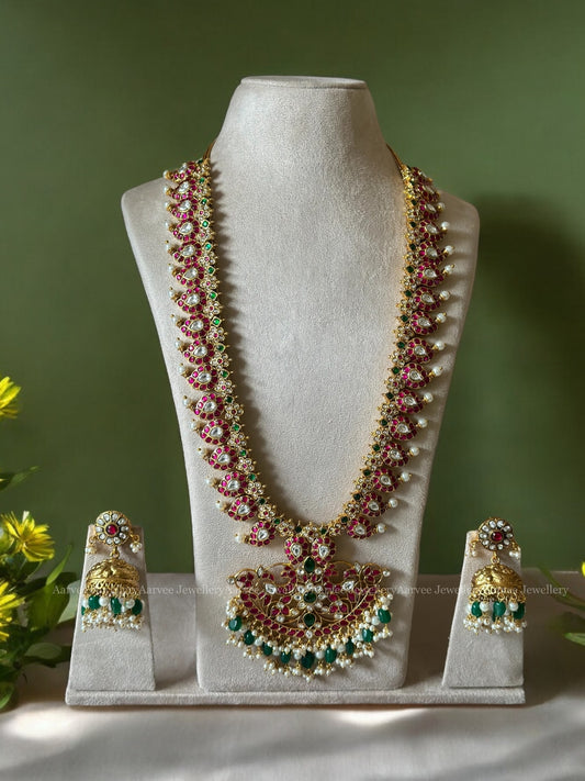 CLASSIC & TRADITIONAL RUBY STONES MANGO MOTIF HARAM WITH GREEN BEADS & BUTTA JHUMKI