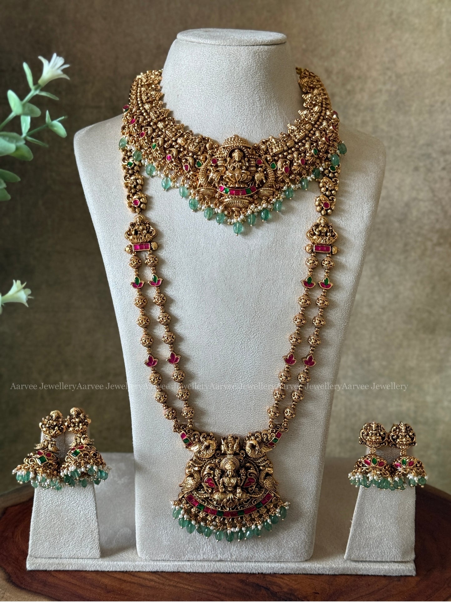 TEMPLE BRIDAL JEWELLERY FULL GOLD LAKSHMI NECKLACE AND GOLD BALL BEADED HARAM SET WITH PASTEL BEADS