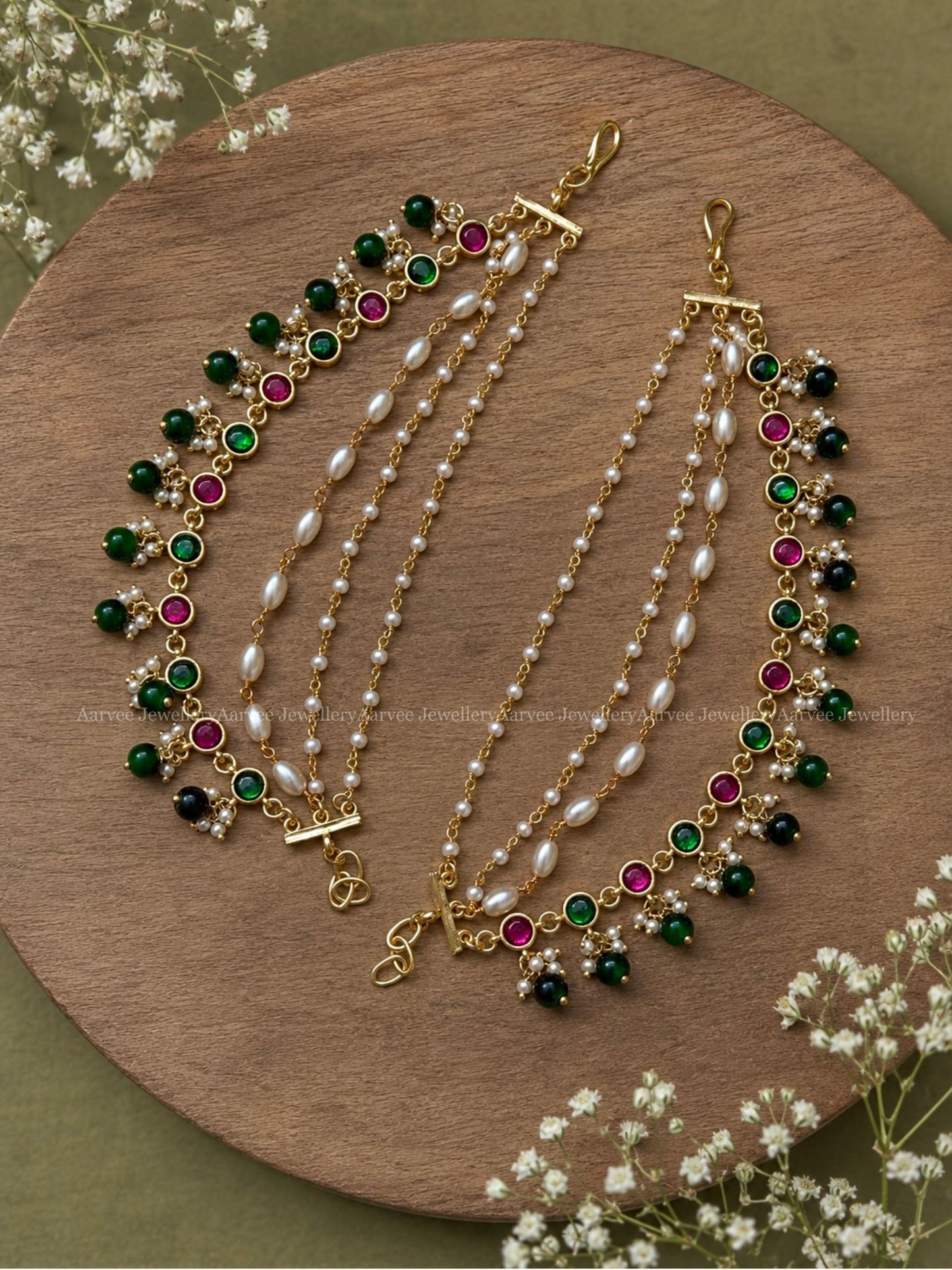 JADAU KUNDAN RUBY / GREEN STONES LAYERED EAR CHAIN WITH GREEN BEADS