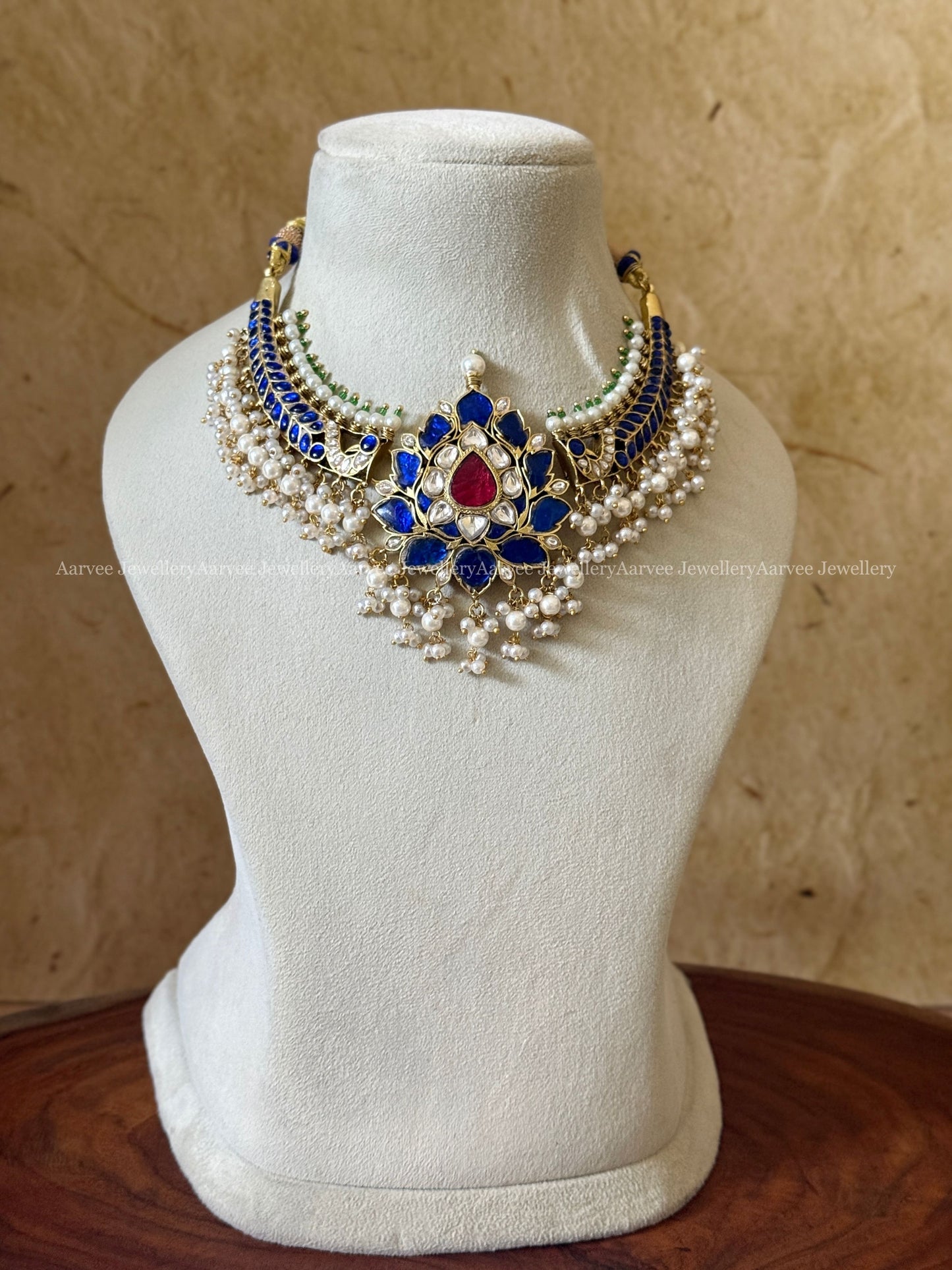 JADAU KUNDAN LOTUS KANTI NECKLACE WITH BLUE STONES & PEARLS