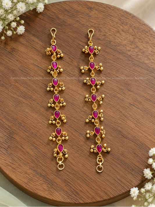 JADAU KUNDAN RUBY STONE EAR CHAIN WITH GOLD BEADS