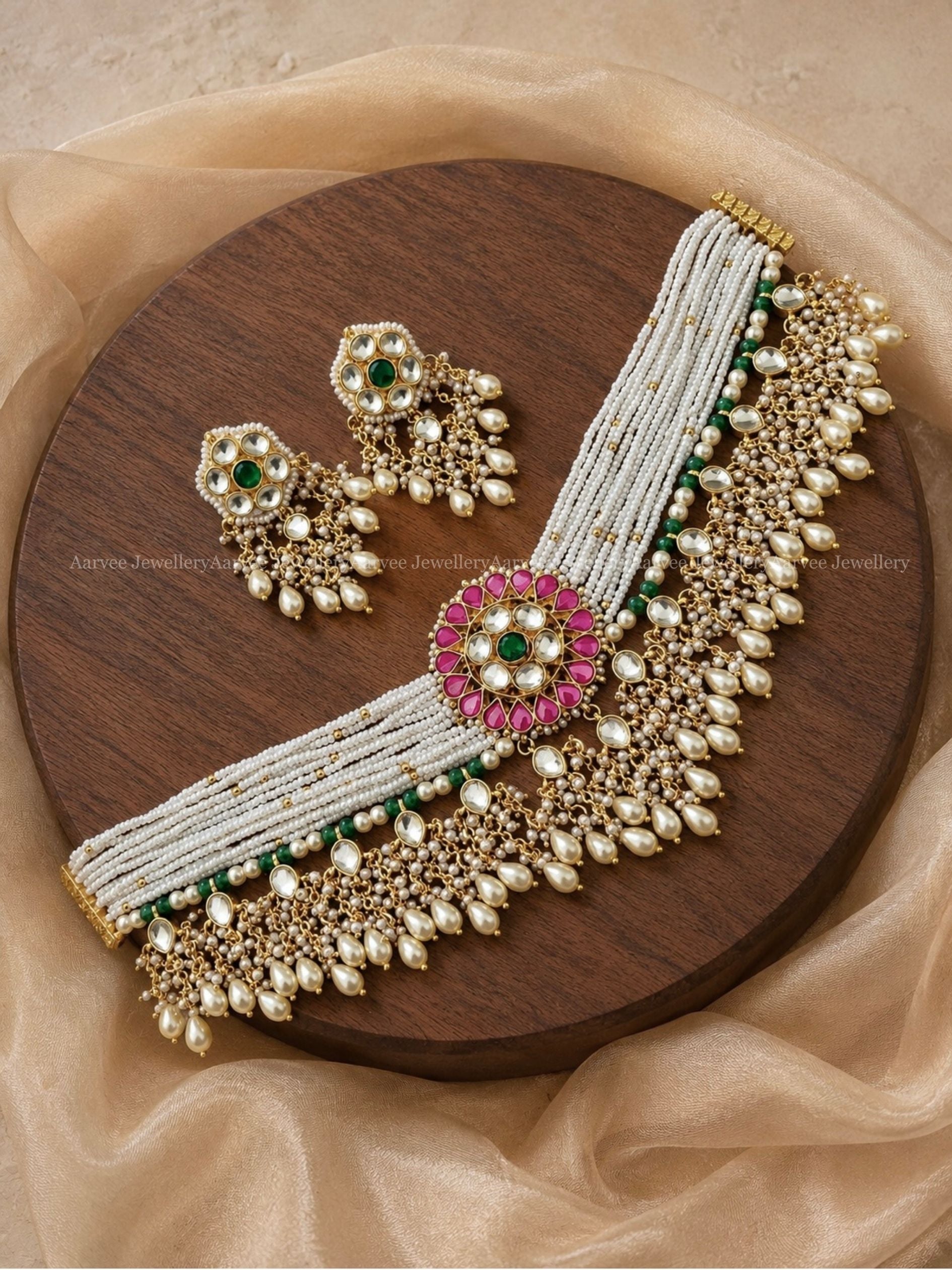 POLKI KUNDAN PEARL BUNCH RUBY / WHITE FLORAL CHOKER SET WITH PEARL DROPS