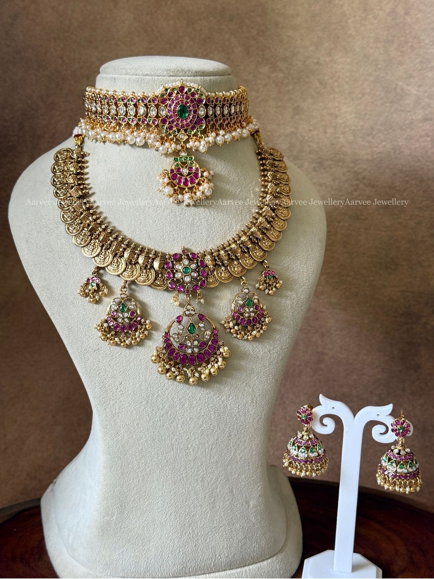 COMBO - PREMIUM PINK KUNDAN STONE CHOKER AND ANTIQUE GOLD COIN NECKLACE SET WITH MULTI PENDANTS