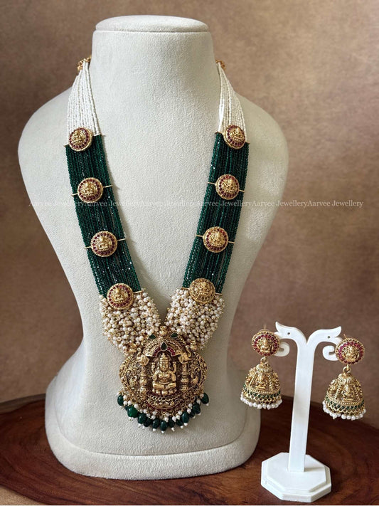 PEARL AND GREEN BEADED LAKSHMI PENDANT HARAM SET WITH GREEN BEADS