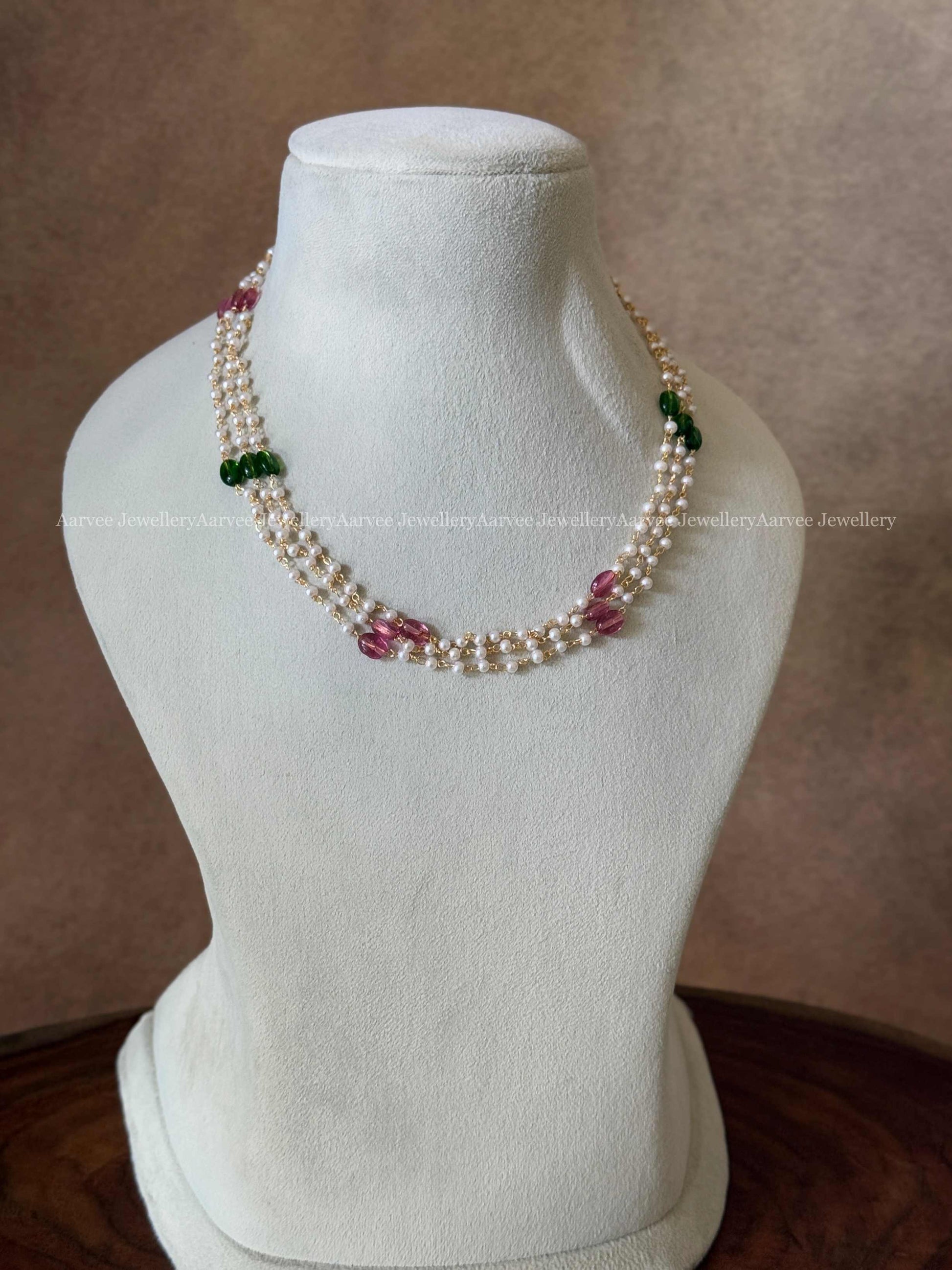 THREE LINE PEARL CHAIN WITH GREEN & PINK BEADS