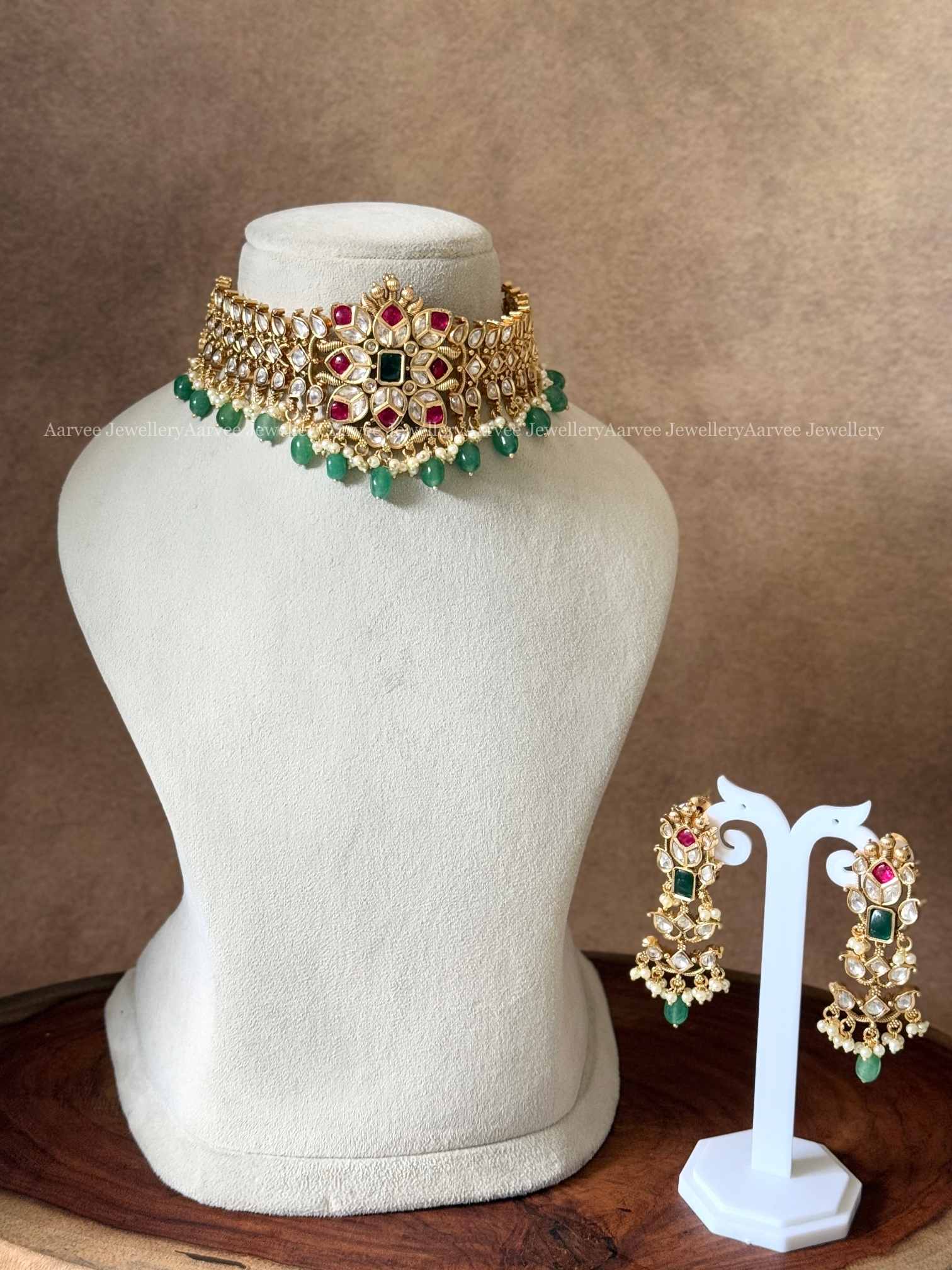 PREMIUM WHITE / PINK KUNDAN STONES HIGHNECK CHOKER SET WITH PASTEL BEADS