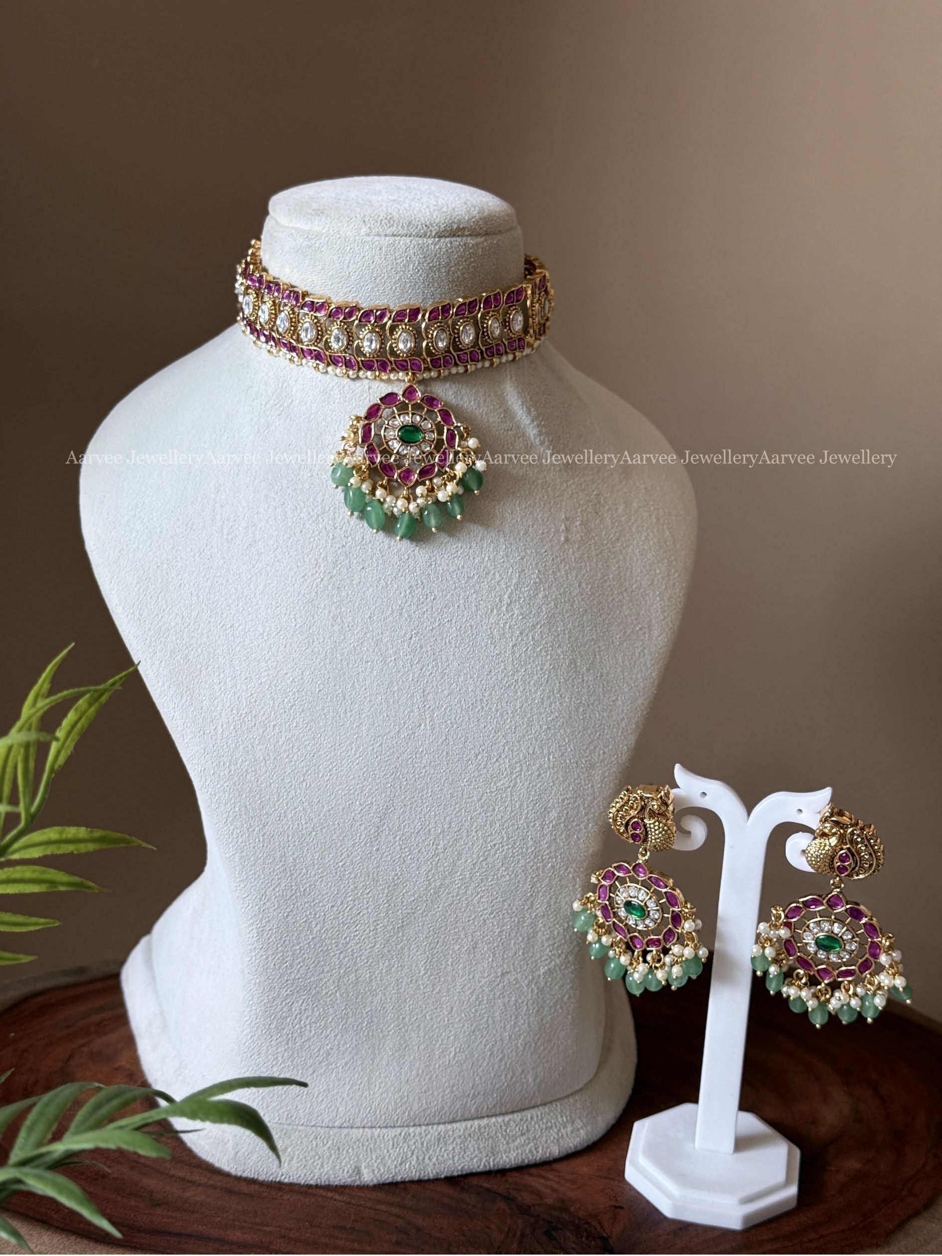 PREMIUM PINK KUNDAN PEACOCK MOTIF CHOKER SET WITH PASTEL BEADS