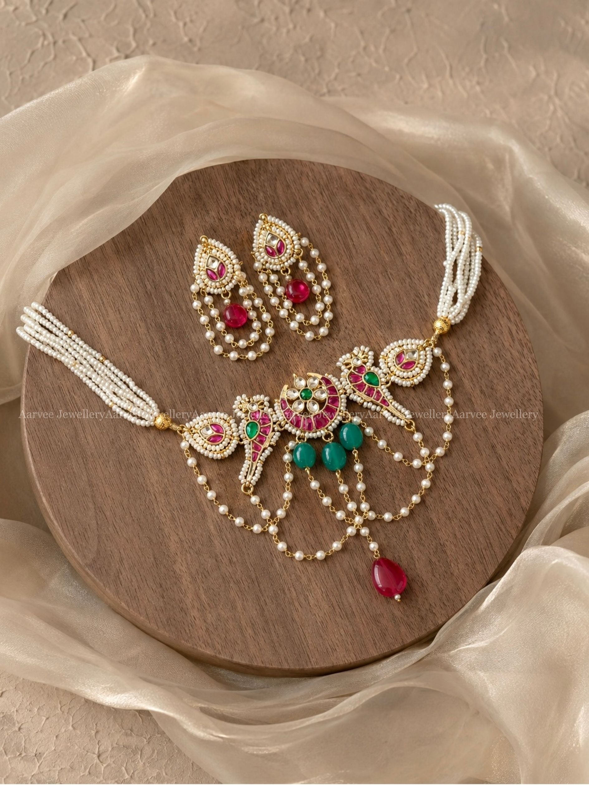 POLKI KUNDAN PEARL CHAIN NECKLACE SET WITH CHAND AND PARROT PENDANT