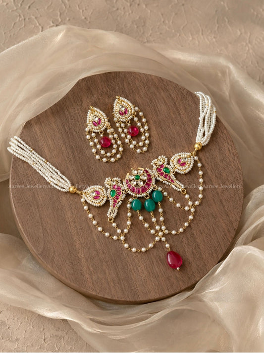 POLKI KUNDAN PEARL CHAIN NECKLACE SET WITH CHAND AND PARROT PENDANT