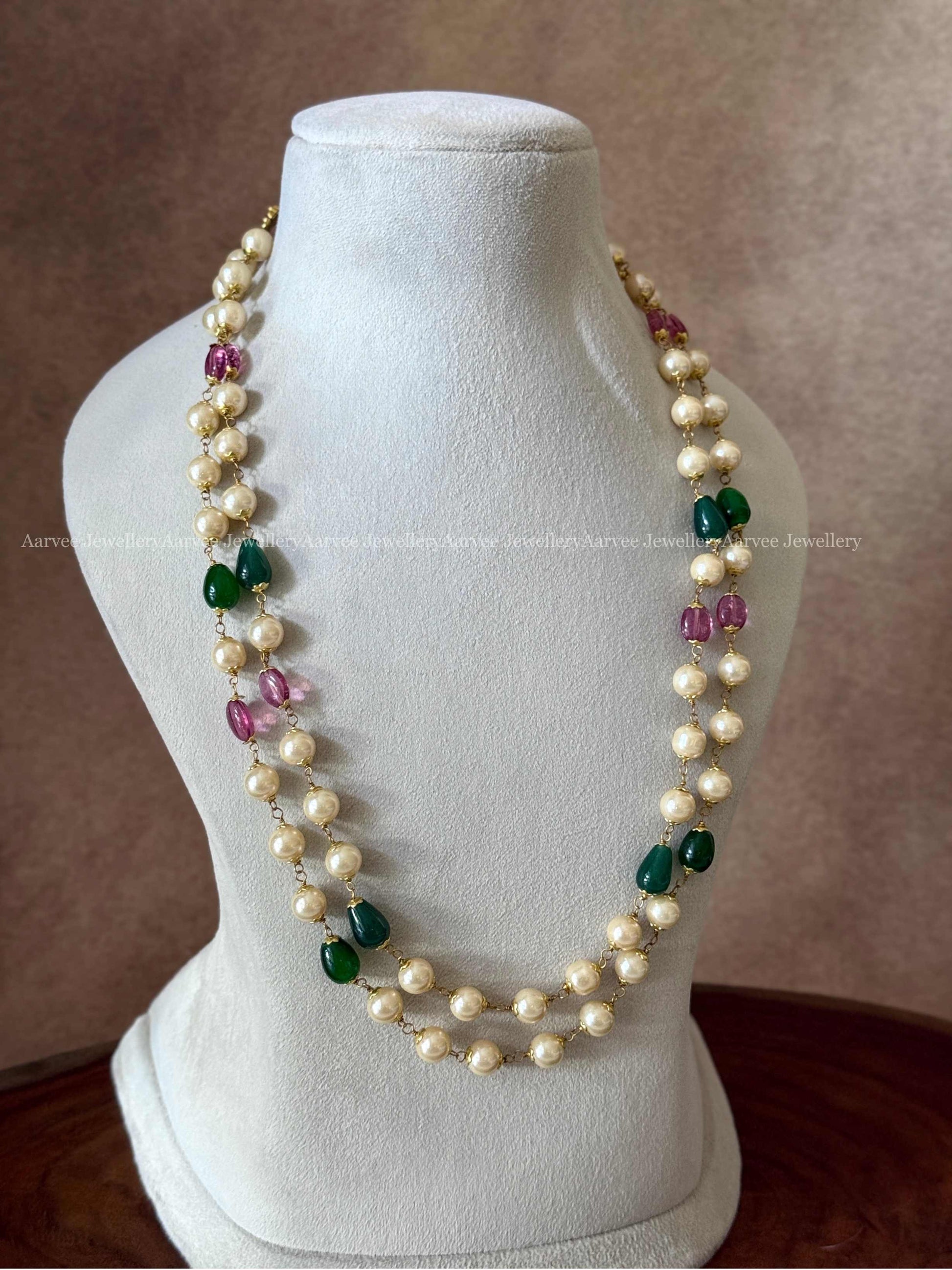 TWO LAYER PEARL MALA WITH GREEN & PINK BEADS