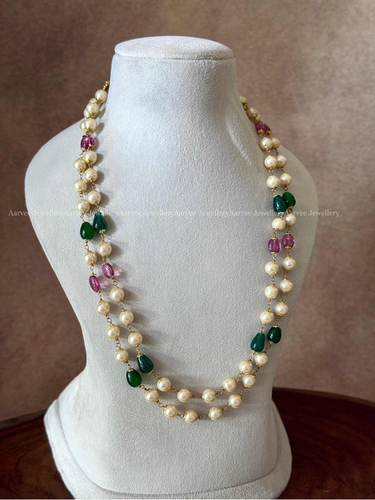 TWO LAYER PEARL MALA WITH GREEN & PINK BEADS