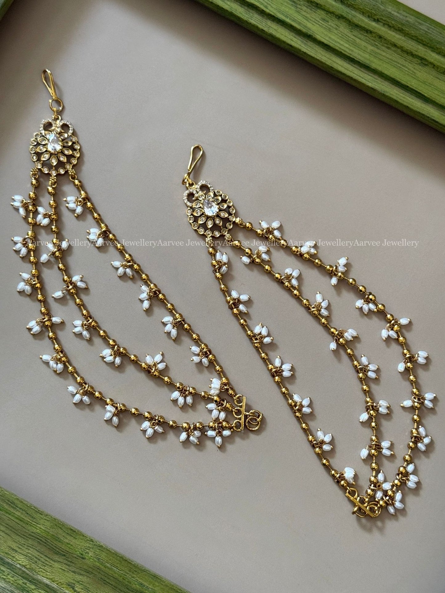 GOLD BEAD LAYERED EAR CHAIN WITH WHITE CZ STONES
