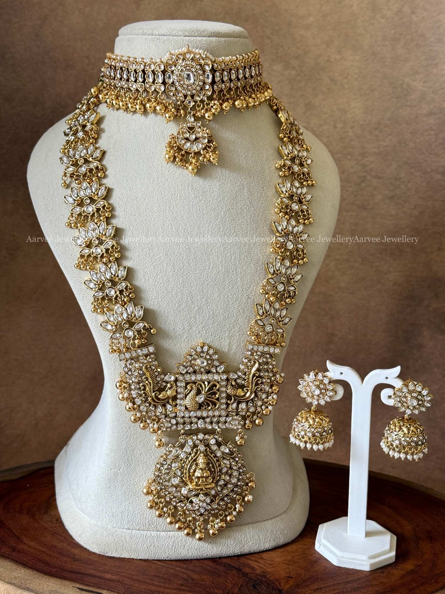 COMBO - KUNDAN SINGLE PENDANT CHOKER AND WHITE STONE LOTUS & LAKSHMI HARAM SET WITH GOLD BEADS