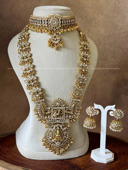 COMBO - KUNDAN SINGLE PENDANT CHOKER AND WHITE STONE LOTUS & LAKSHMI HARAM SET WITH GOLD BEADS