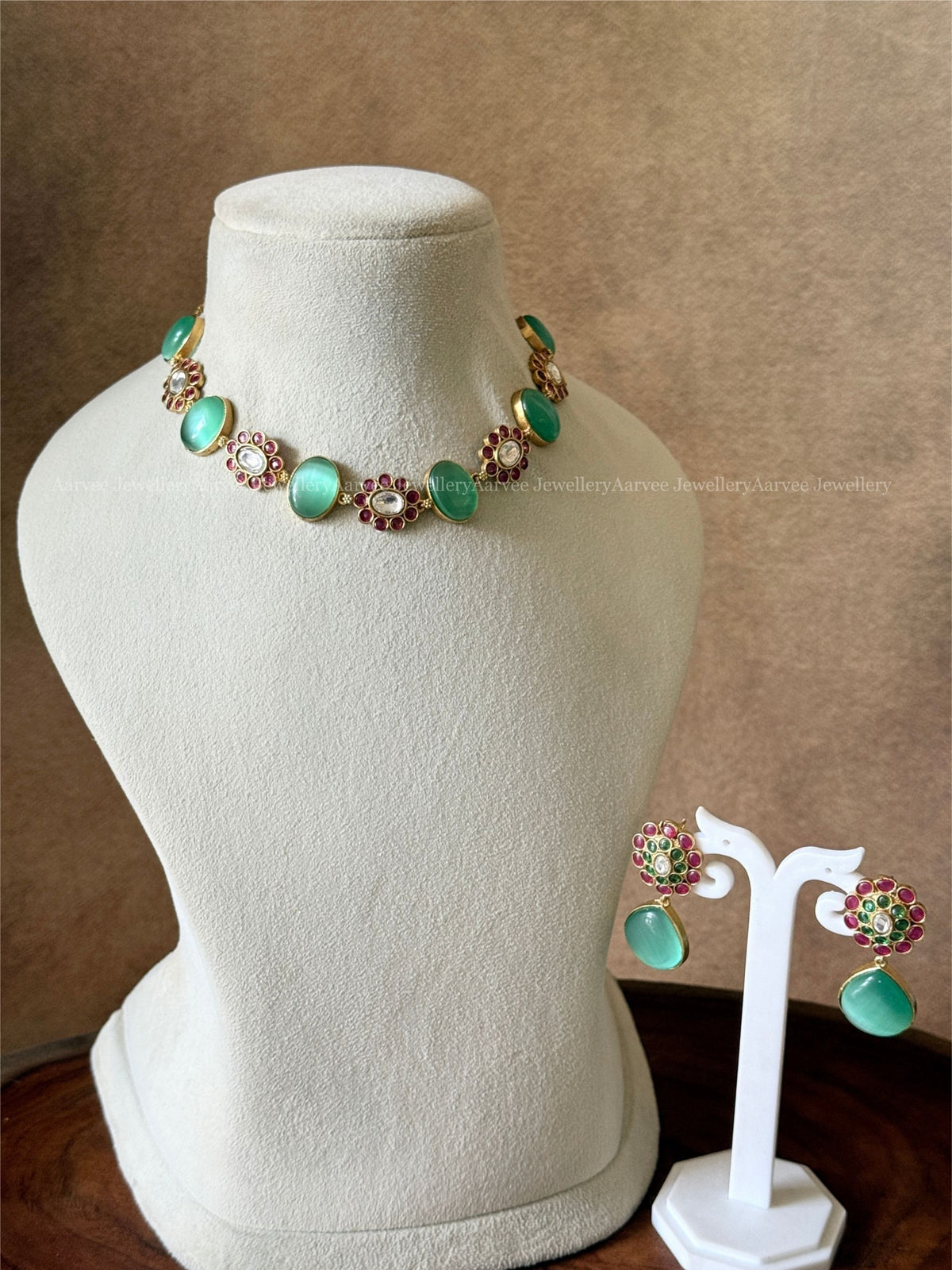 PREMIUM PASTEL BLUE STONE FLORAL NECKLACE SET 
