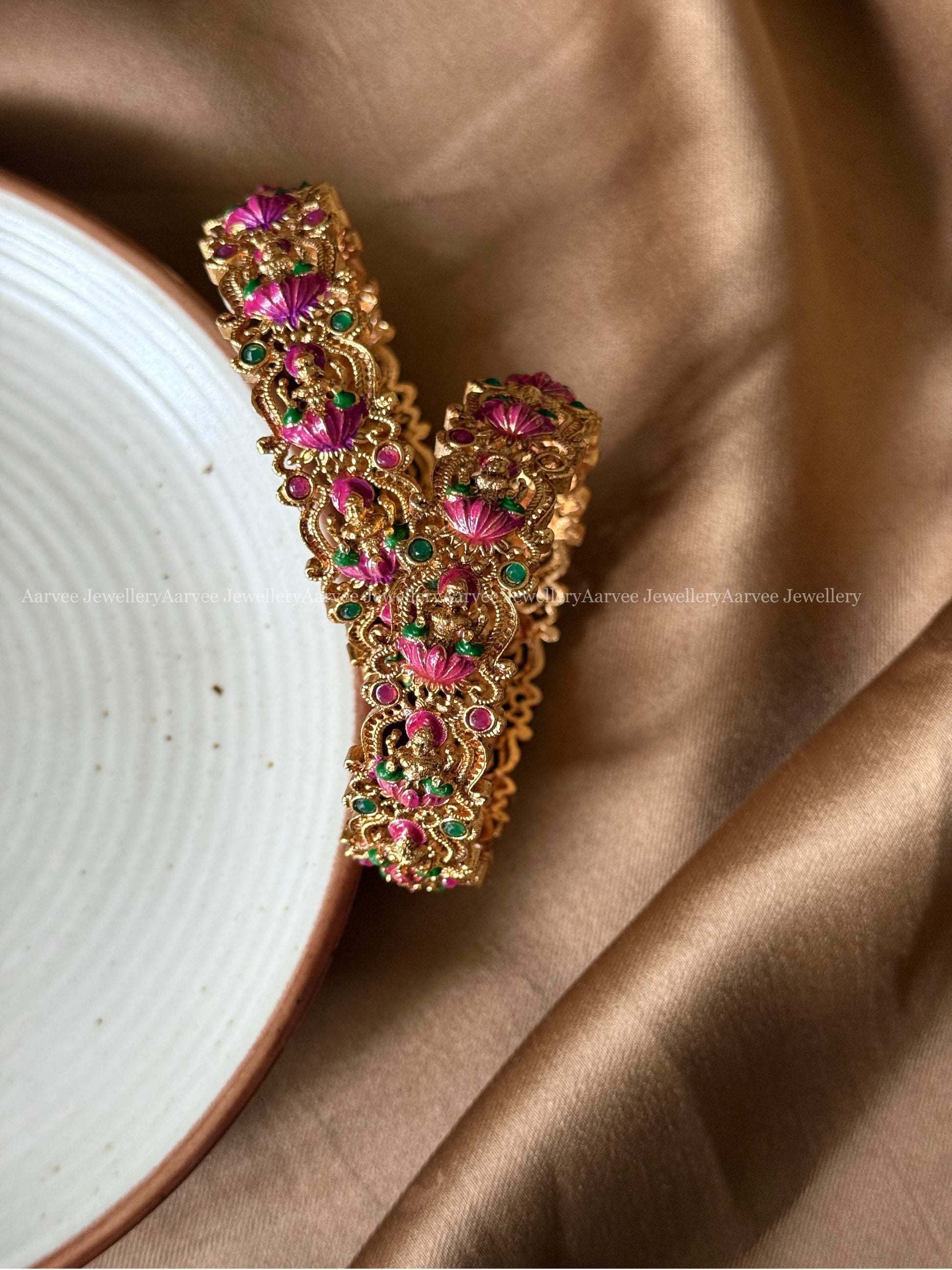 GOLD FINISH PINK / GREEN ENAMAL LAKSHMI BANGLES