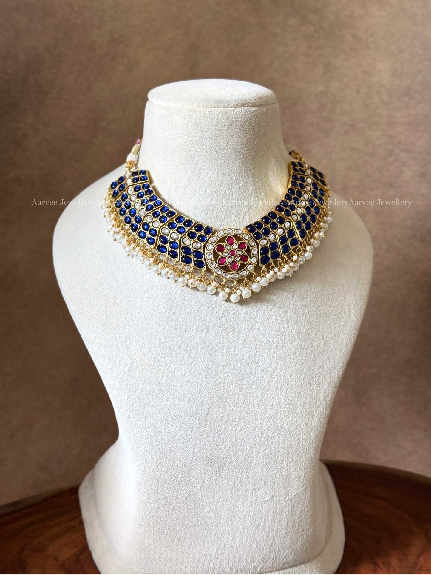 JADAU KUNDAN BLUE / PINK STONES BUTTA NECKLACE WITH PEARLS