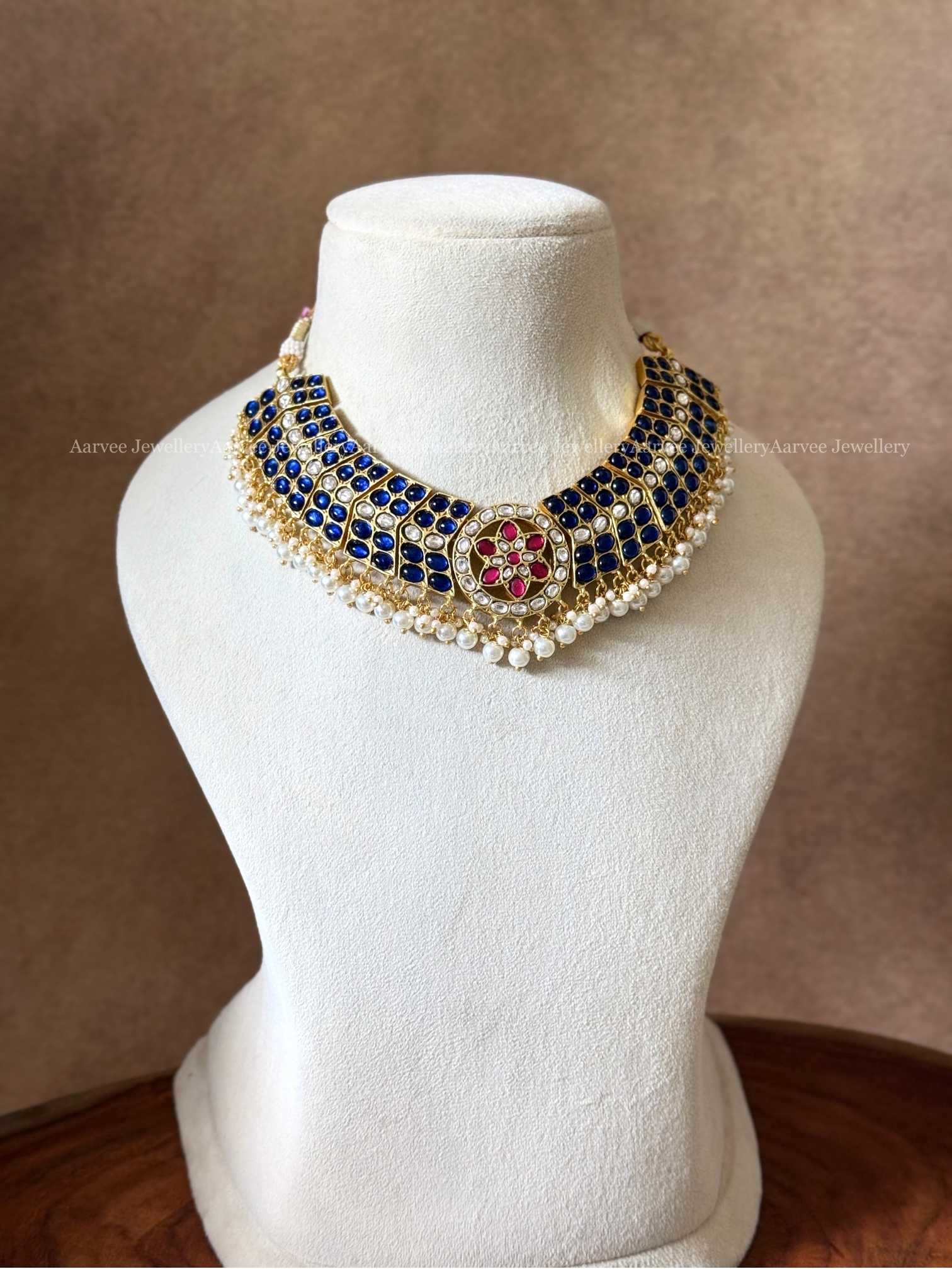 JADAU KUNDAN BLUE / PINK STONES BUTTA NECKLACE WITH PEARLS