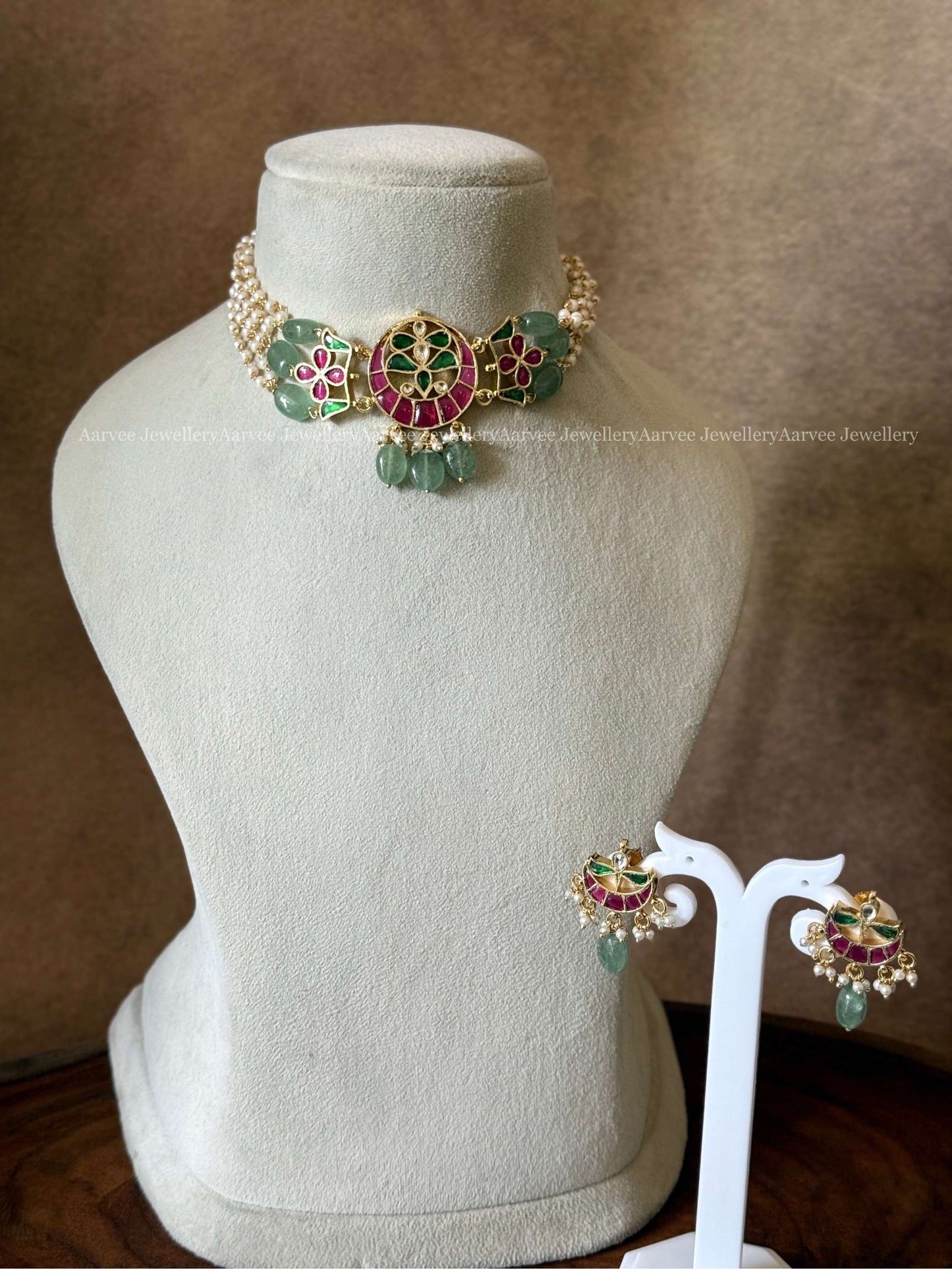 POLKI KUNDAN PEARL CHOKER SET WITH RUBY / GREEN STONE AND PASTEL BEADS