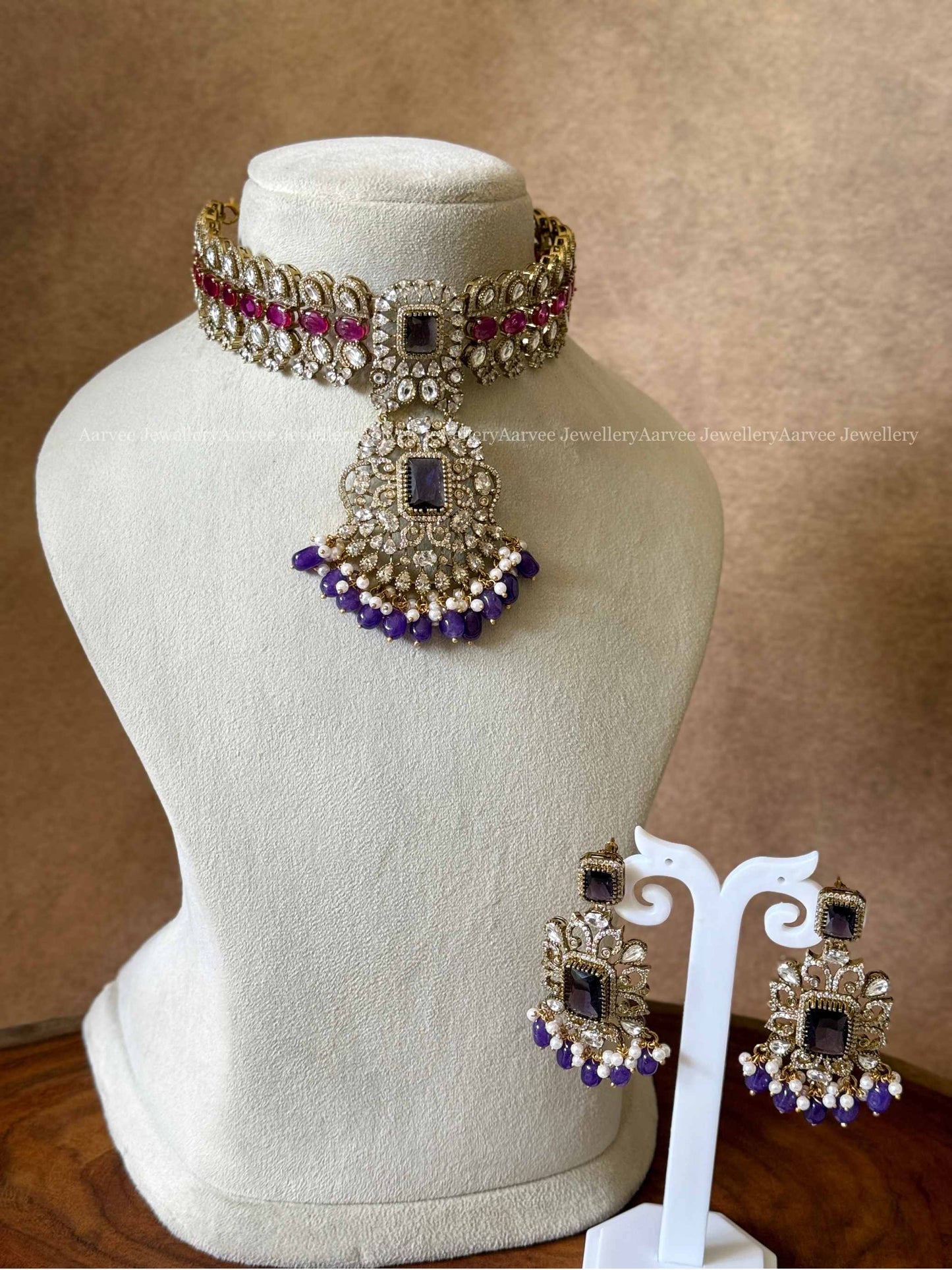 PREMIUM VICTORIAN BRIDAL CHOKER SET WITH PINK/ WHITE STONES AND PURPLE  BEADS