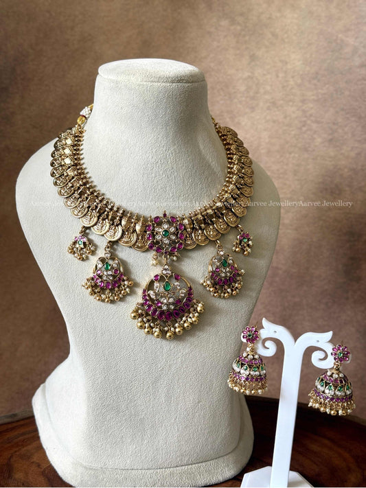 PREMIUM ANTIQUE GOLD COIN NECKLACE SET WITH PINK KUNDAN STONES MULTI PENDANT