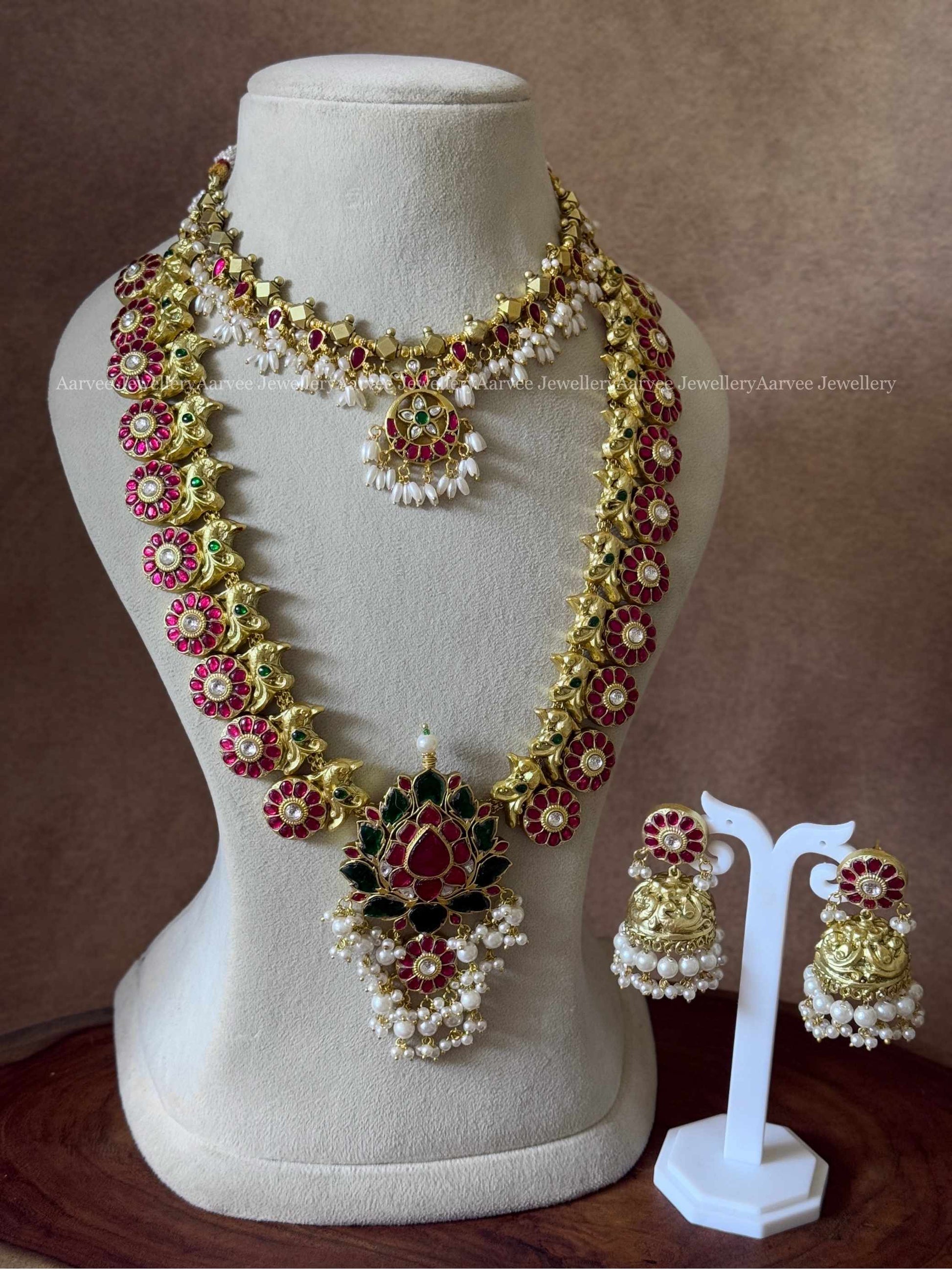 COMBO - JADAU KUNDAN GOLD BALL BEAD NECKLACE WITH RUBY STONE LOTUS HARAM SET 