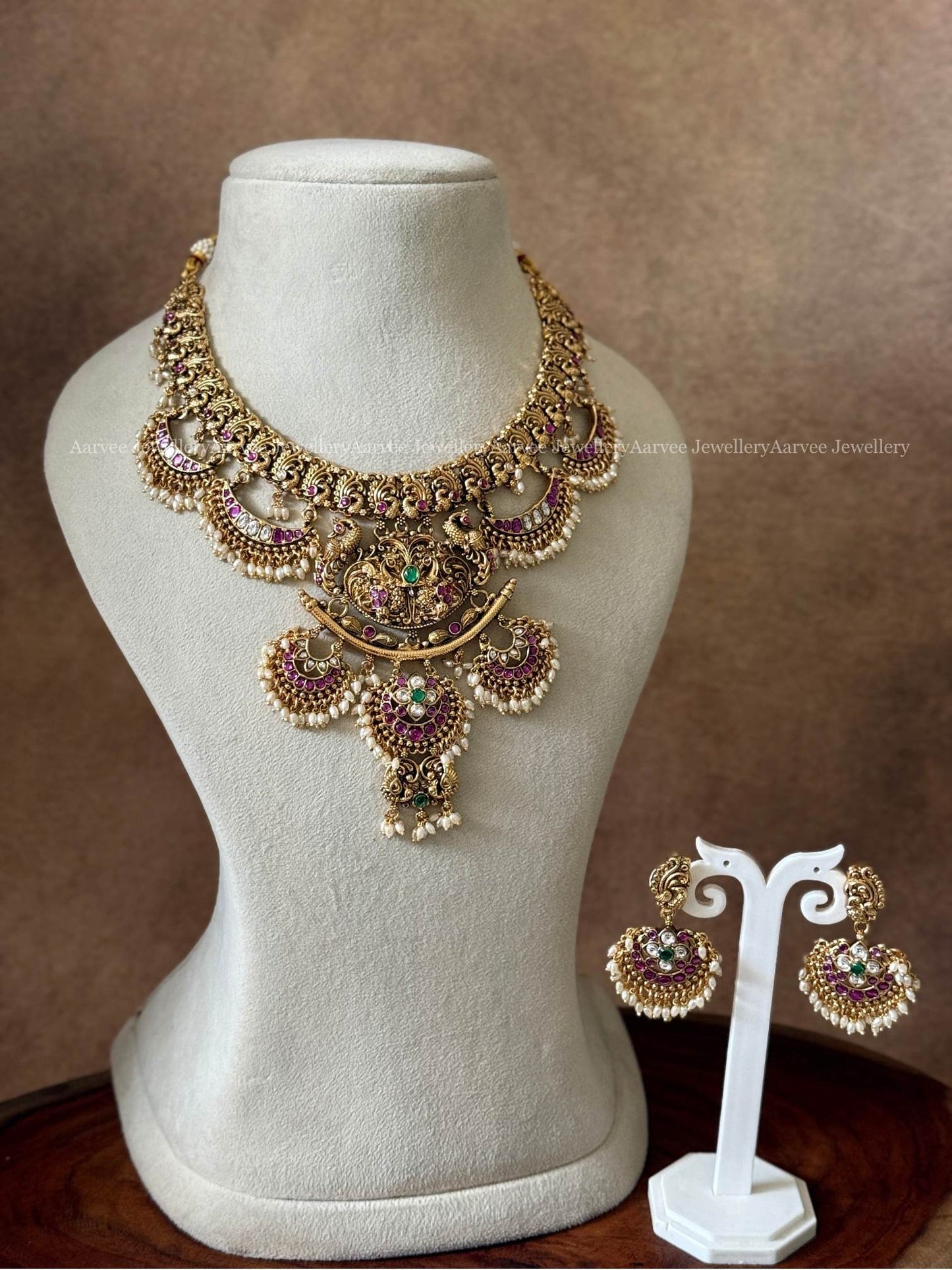 NON IDOL PEACOCK MOTIF STATEMENT NECKLACE SET WITH KUNDAN RUBY/WHITE STONES