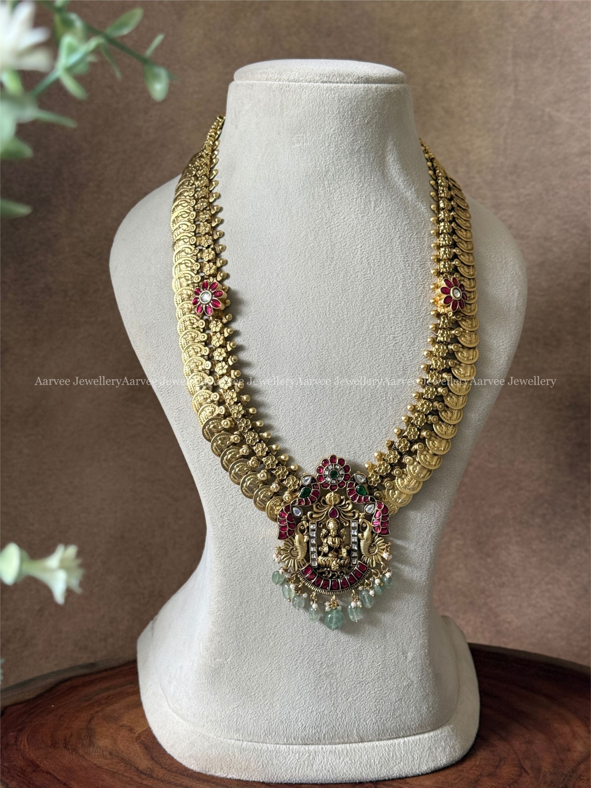 JADAU KUNDAN COIN MID LENGTH CHAIN WITH LAKSHMI PEACOCK PENDANT AND PASTEL BEADS