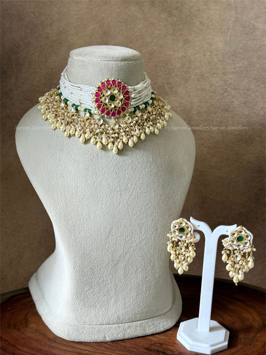 POLKI KUNDAN PEARL BUNCH RUBY / WHITE FLORAL CHOKER SET WITH PEARL DROPS
