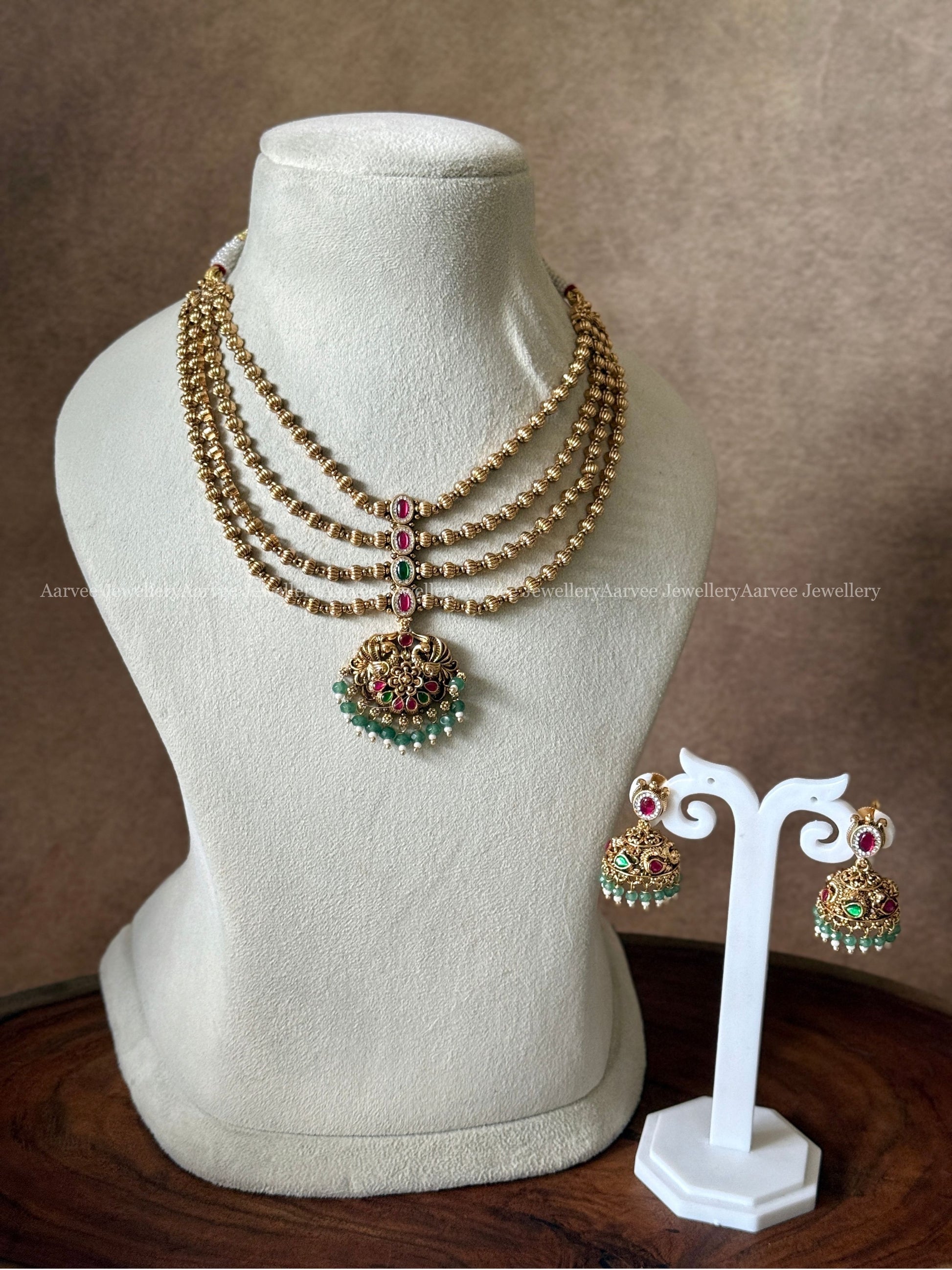 ANTIQUE GOLD LAYERED RUBY / GREEN STONE PEACOCK PENDANT NECKLACE SET WITH PASTEL BEADS