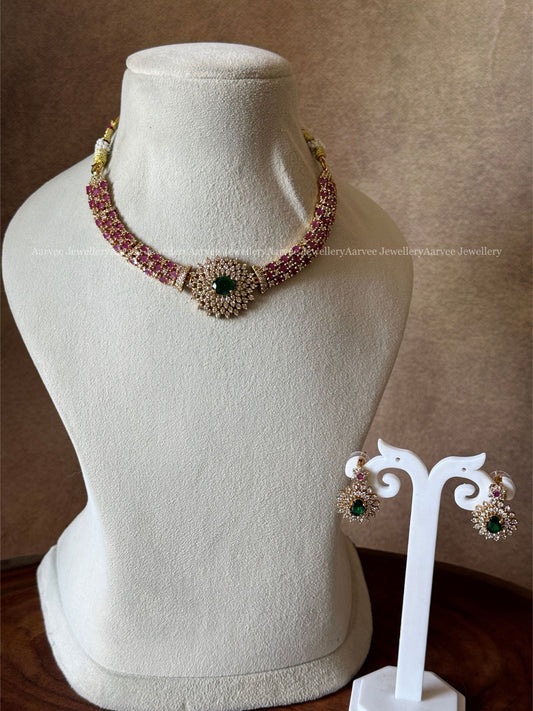 HIGH QUALITY PINK CZ STONE KANTI NECKLACE SET WITH WHITE / GREEN PENDANT